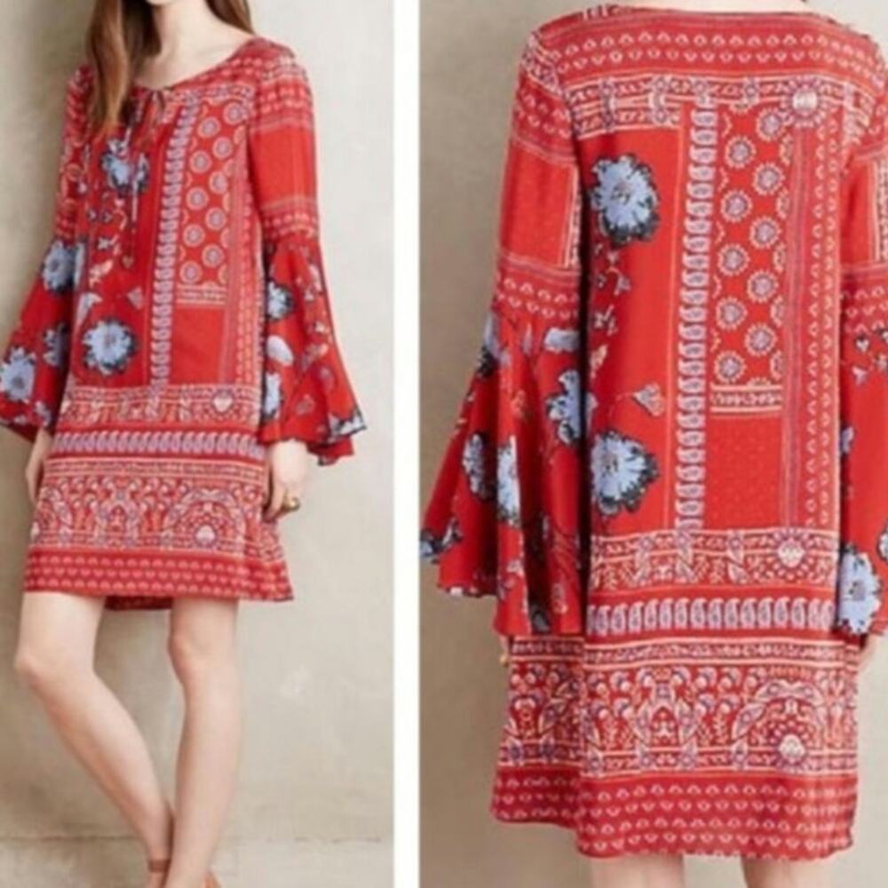 Anthropologie Vanessa Virginia Dress Size 0 Red Boho 100% Silk Isabelle Floral
